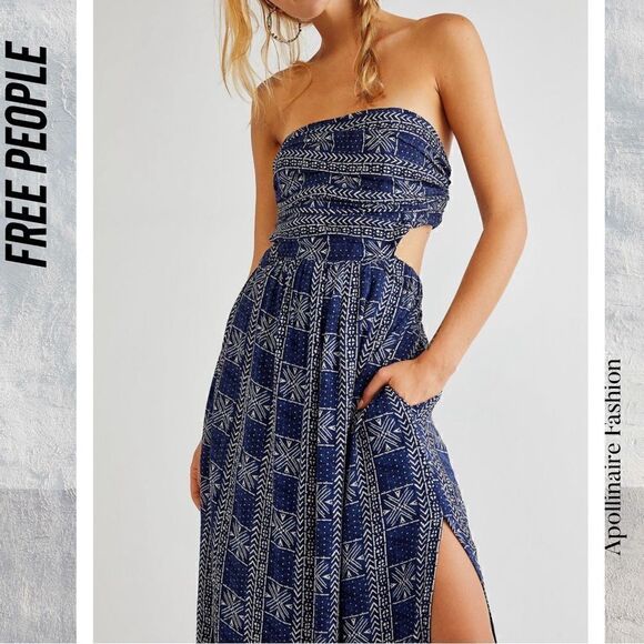 FREE PEOPLE PEYTON MAXI DRESS SIDE SLITS IN NAVY COMBO NWOT LARGE - Picture 5 of 8